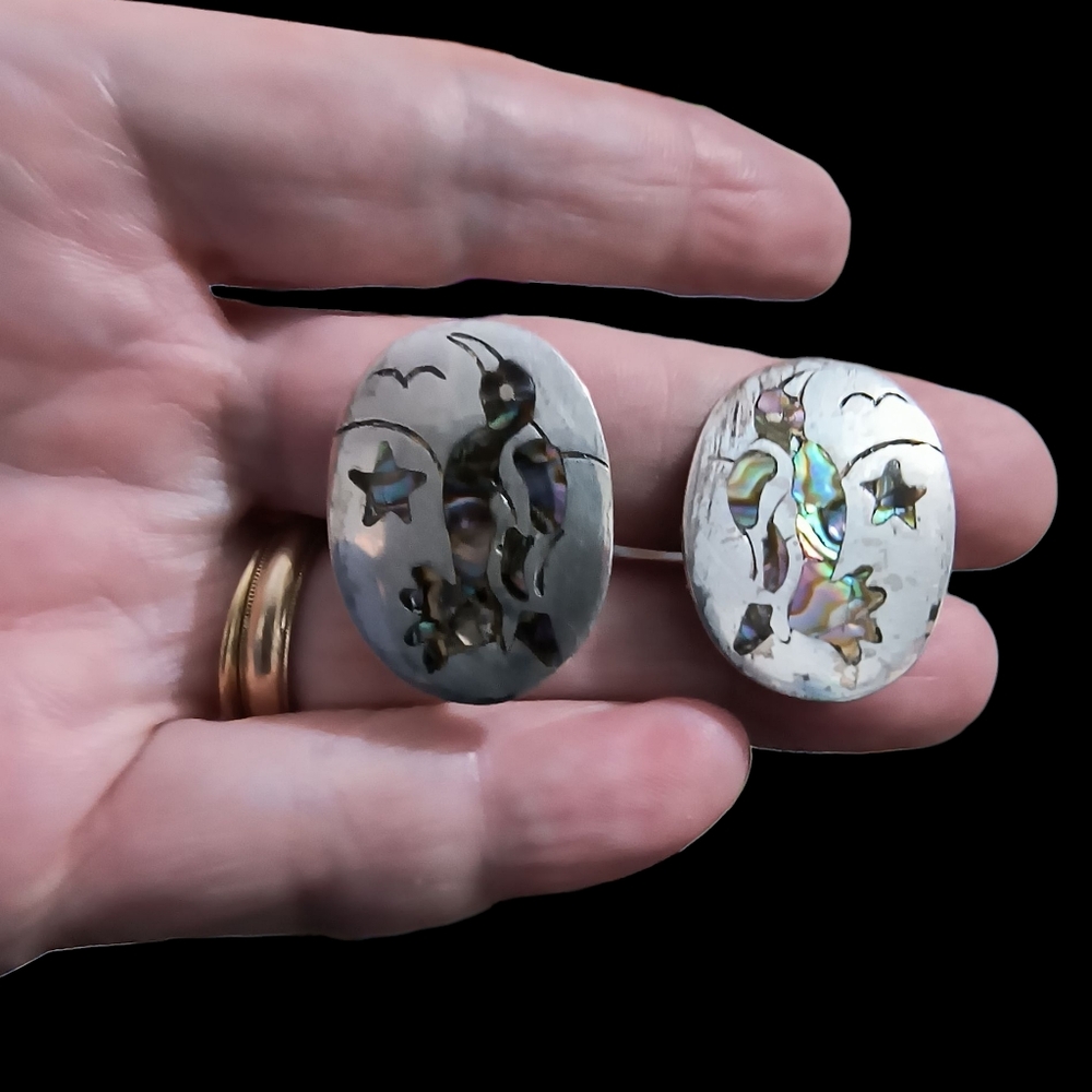 Vintage Taxco Abalone And Sterling Silver Inset Penguin Earrings - Picture 6 of 11